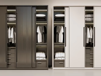 Modern Dark And Light Wardrobe Interior Design With Hanging Clothes Folded Items And Drawers 3d model