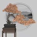 Bonsai Plant With Orange Leaves And Exposed Roots On Wooden Stand Against Circular Landscape Decor