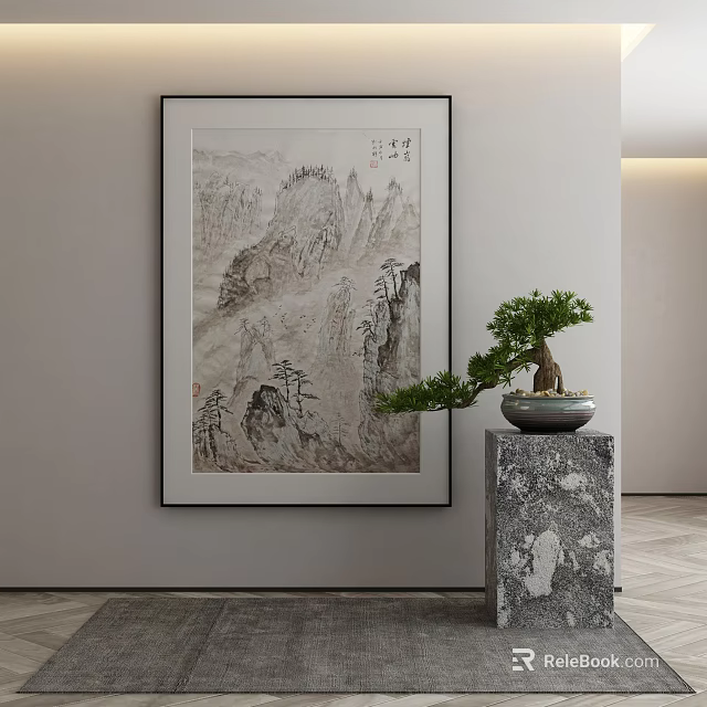 Abstract Landscape Painting Hanging On Wall With Marble Pedestal And Bonsai Plant Decor 3d model 