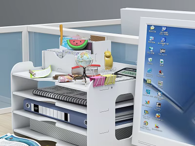 Office Desk Folder Organized in White Rack With Globe Calculator Notebook Watermelon and Stationery 3d model