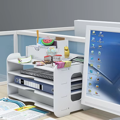 Office Desk Folder Organized in White Rack With Globe Calculator Notebook Watermelon and Stationery 3d model