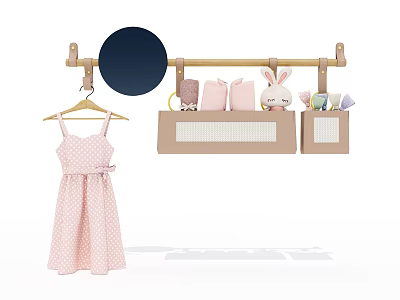Wooden Wall Hook With Pink Polka Dot Dress Hanger And Storage Bags Holding Rabbit Toy 3d model