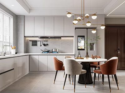 Modern Restaurant Interior With Open Kitchen White Cabinets Multi Light Chandelier Dining Table And Chairs 3d model