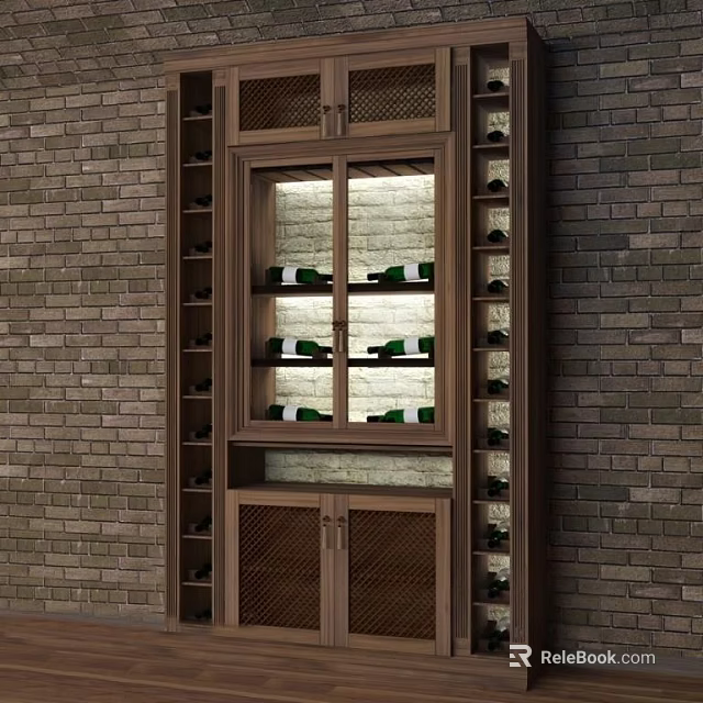 Built in Wine Cabinet With Glass Door And Wine Bottles On Brick Wall Background 3d model 