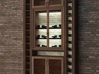 Built in Wine Cabinet With Glass Door And Wine Bottles On Brick Wall Background 3d model