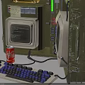 Vintage Electronic Device In Green Metal Case With Dual Screens Control Buttons And External Keyboard