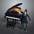 Black Grand Piano with Open Lid and Art Supplies Including Paintbrushes