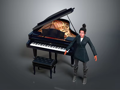 Black Grand Piano with Open Lid and Art Supplies Including Paintbrushes 3d model