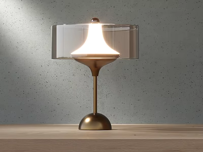 Modern Table Lamp With Brass Base Transparent Shade On Wooden Table Gray Wall Background 3d model