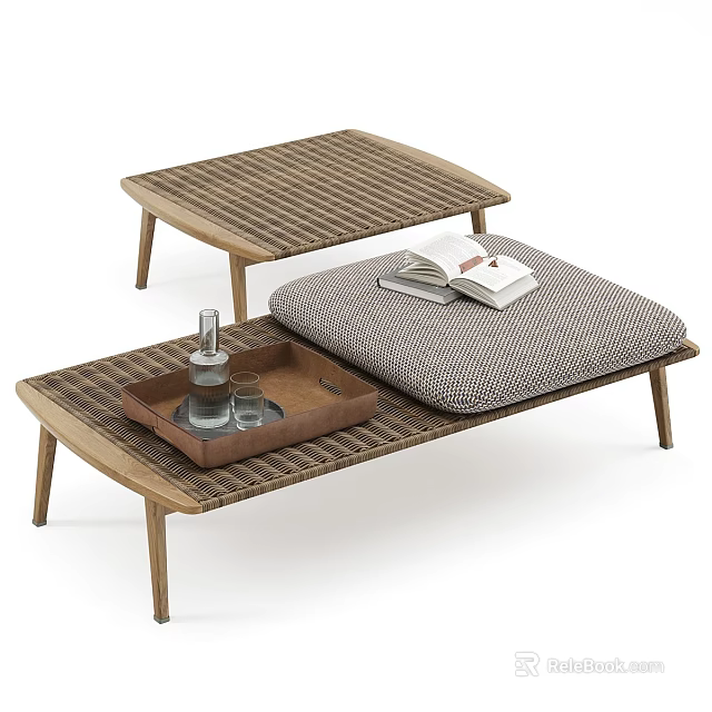 Modern Wooden Stools Featuring Woven Design With Tray Bottles Glasses And Books On Cushions 3d model 