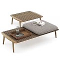 Modern Wooden Stools Featuring Woven Design With Tray Bottles Glasses And Books On Cushions