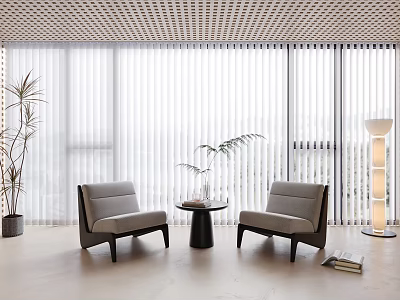 Modern Casual Gray Sofa Set Interior With Window Blinds Round Table Plants And Floor Lamp 3d model