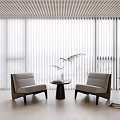 Modern Casual Gray Sofa Set Interior With Window Blinds Round Table Plants And Floor Lamp