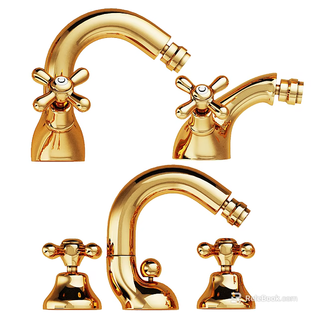 Golden Faucet Design Collection With Cross Handles And Polished Brass Finish 3d model 