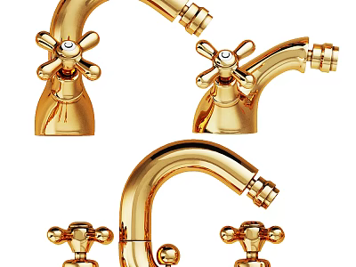 Golden Faucet Design Collection With Cross Handles And Polished Brass Finish 3d model
