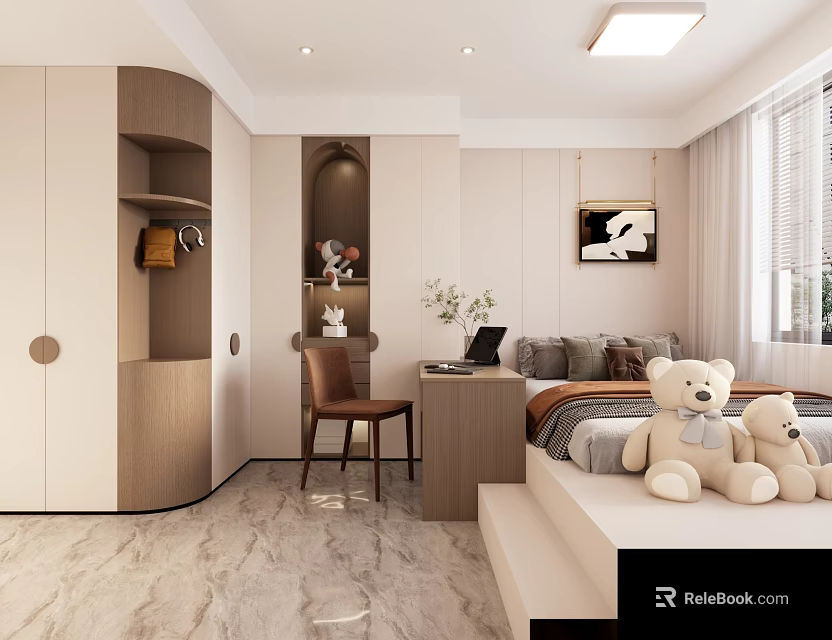 Modern Tatami Bedroom With Platform Bed Desk Teddy Bears Storage Cabinets And Curtains 3d model 