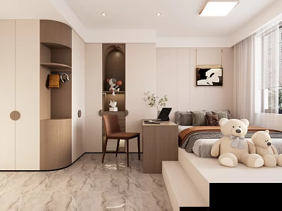 Modern Tatami Bedroom With Platform Bed Desk Teddy Bears Storage Cabinets And Curtains 3d model