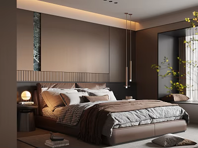 Modern Bedroom Interior Design With Cozy Bedding And Pendant Lights 3d model