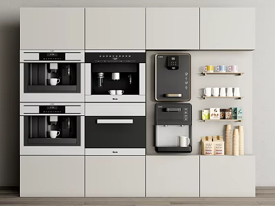 Stylish Modern Kitchen Appliances With Built in Coffee Maker Oven And Storage Shelves 3d model