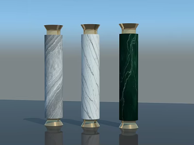 Decorative Marble Columns With Gray White Dark Green Patterns And Golden Top Base 3d model