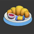 Delicious Yellow Bread Rolls with Pink Sauce and Yellow Butter on Plate and Blue Tray
