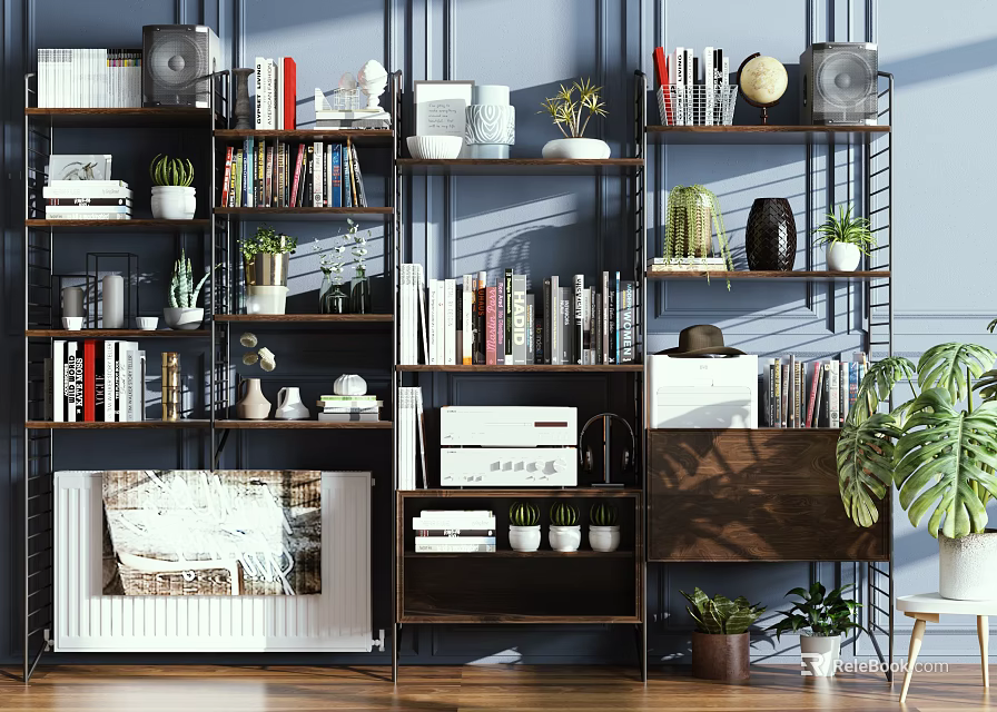 Multi Shelf Wooden Bookcase With Books Decorative Items And Potted Plants On Blue Wall Background 3d model 