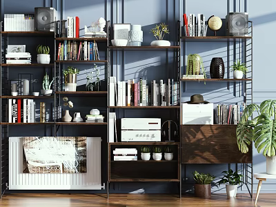 Multi Shelf Wooden Bookcase With Books Decorative Items And Potted Plants On Blue Wall Background 3d model