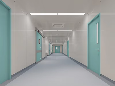 Clean Hospital Corridor With Blue Doors White Walls And Ceiling Lights 3d model