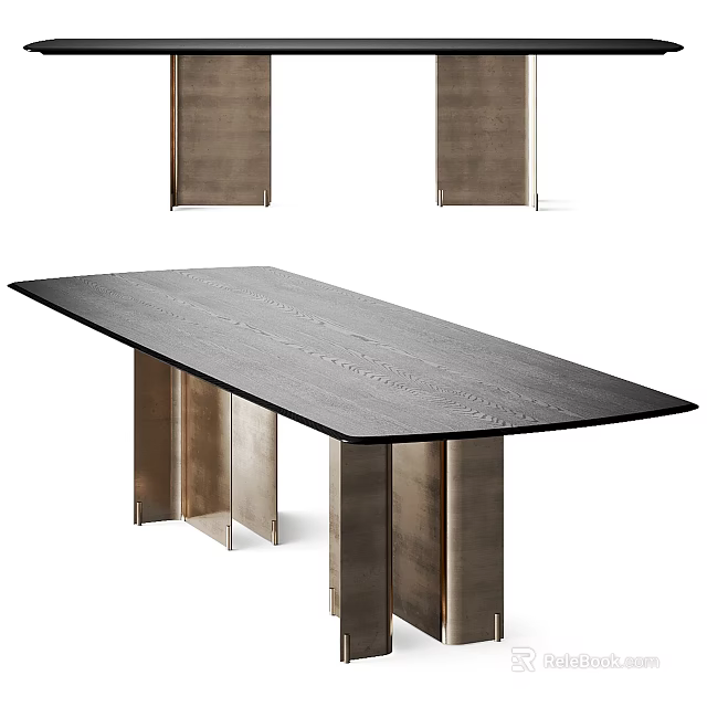 Sleek Modern Dining Table With Textured Wooden Top And Metallic Support Legs Design 3d model 