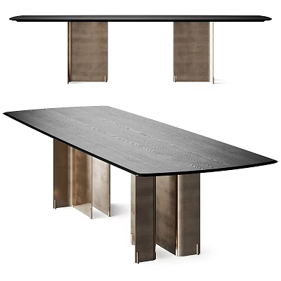 Sleek Modern Dining Table With Textured Wooden Top And Metallic Support Legs Design 3d model