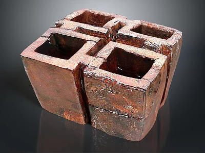 Rustic Geometric Cube Sculpture With Four Square Compartments And Textured Surface 3d model