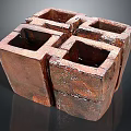 Rustic Geometric Cube Sculpture With Four Square Compartments And Textured Surface
