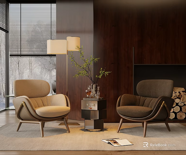 Modern Leisure Sofa Set with Two Toned Chairs Wooden Legs and Side Table Green Plants 3d model 
