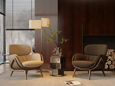 Modern Leisure Sofa Set with Two Toned Chairs Wooden Legs and Side Table Green Plants 3d model