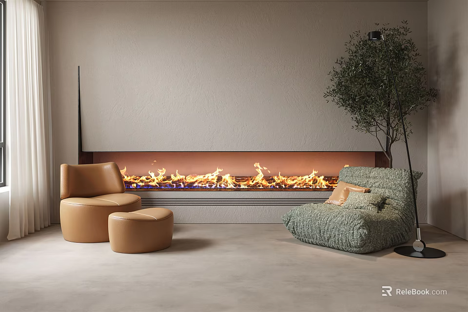 Tan Single Sofa With Ottoman And Mint Green Single Sofa Beside Modern Fireplace With Flames 3d model 