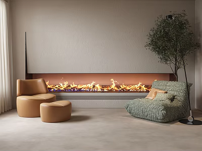Tan Single Sofa With Ottoman And Mint Green Single Sofa Beside Modern Fireplace With Flames 3d model