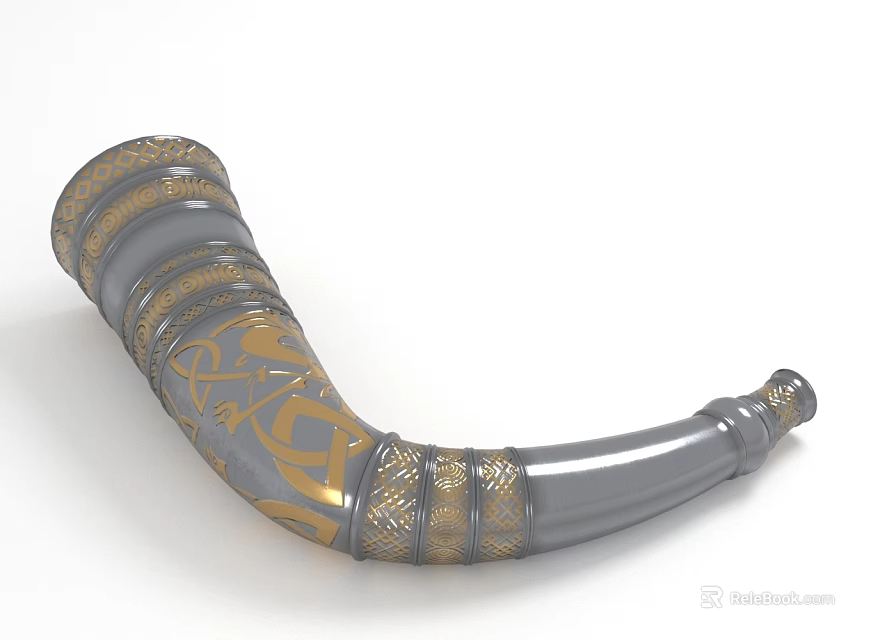 Gray And Gold Decorative Horn Musical Instrument With Intricate Ornate Patterns 3d model 