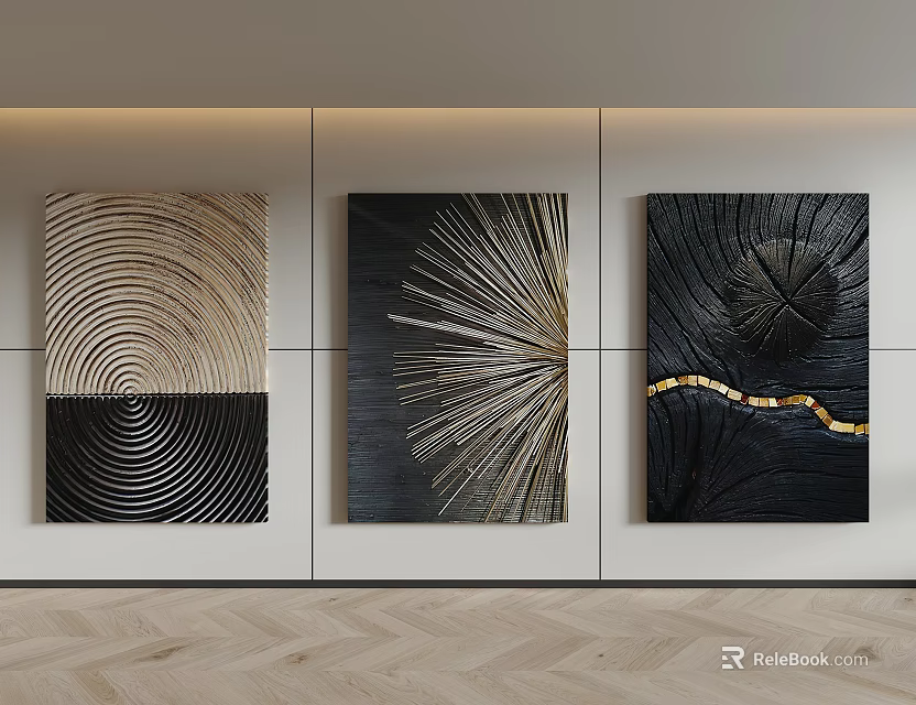 Three Abstract Wall Art Paintings With Spiral Radial Tree Ring Patterns And Gold Accents 3d model 
