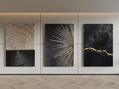 Three Abstract Wall Art Paintings With Spiral Radial Tree Ring Patterns And Gold Accents 3d model