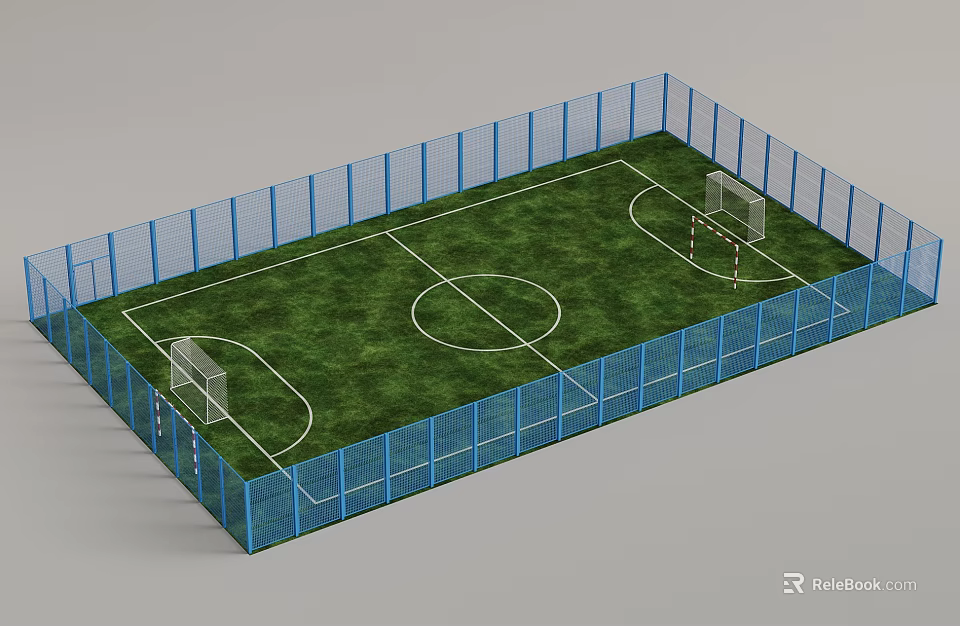 Outdoor Soccer Field With Blue Fence Green Grass And White Lines 3d model 