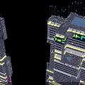 Futuristic Architecture Tall Buildings With Irregular Stacked Design Exterior Yellow Purple Lights
