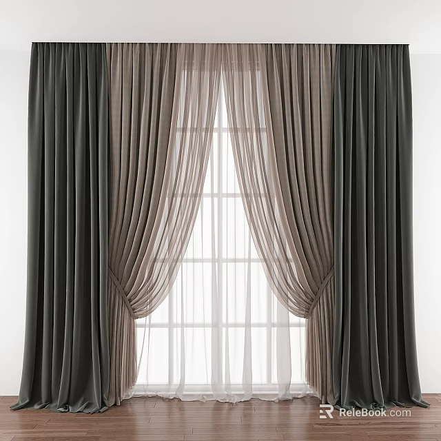 Dark Curtains With Sheer Layers And Elegant Drapery Tied Back At Window 3d model 