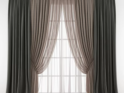 Dark Curtains With Sheer Layers And Elegant Drapery Tied Back At Window 3d model