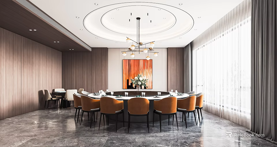 Elegant Private Dining Room Interior With Round Table Chandelier And Orange Chairs 3d model 