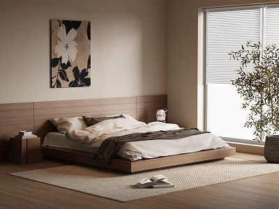 Modern Bedroom Interior With Wooden Bed Nightstand Rug Blinds Wall Art And Floor Plant 3d model