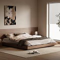 Modern Bedroom Interior With Wooden Bed Nightstand Rug Blinds Wall Art And Floor Plant