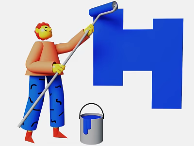 Game Movie Character Painting Blue Shape With Roller And Paint Bucket 3d model