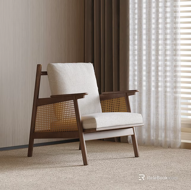 Modern Accent Chair With Wooden Frame Rattan Details And Light Beige Cushion 3d model 