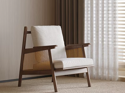 Modern Accent Chair With Wooden Frame Rattan Details And Light Beige Cushion 3d model