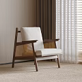 Modern Accent Chair With Wooden Frame Rattan Details And Light Beige Cushion